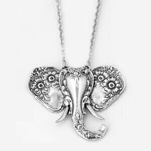 African Elephant Flower Pendant Necklace Silver Tone Boho Gifts for Her